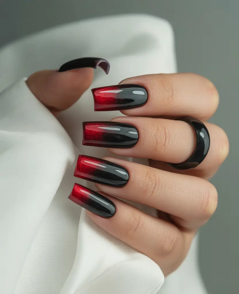 fall winter nails ideas 2025 2026 Vampy Red and Black Fade