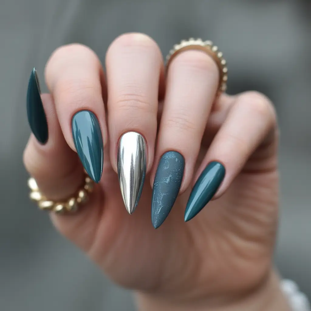 fall winter nails ideas 2025 2026 Teal Mix with Silver Accent