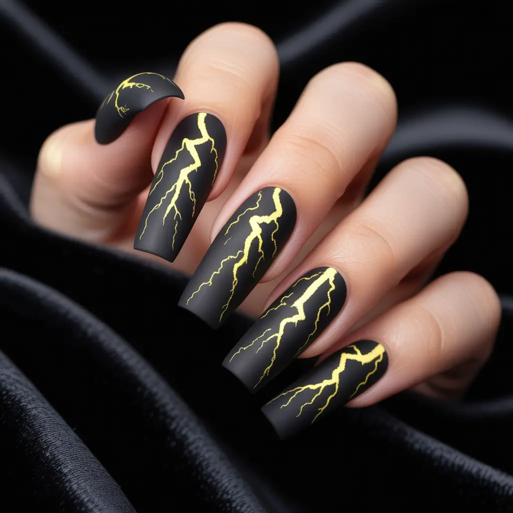 fall winter nails ideas 2025 2026 Golden Lightning Strikes