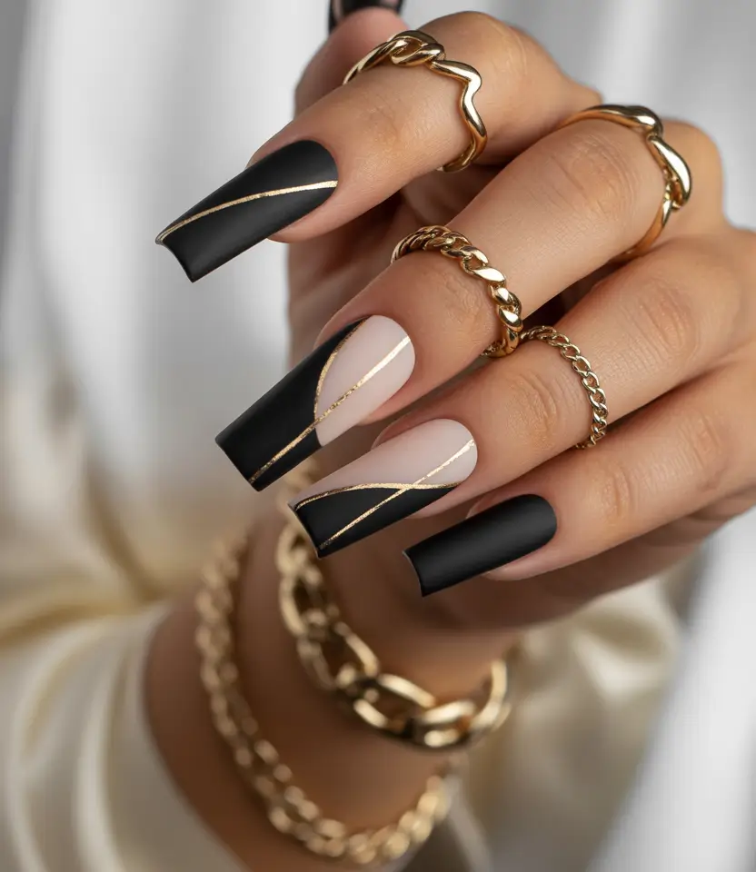 fall winter nails ideas 2025 2026 Matte Black with Gold Lines