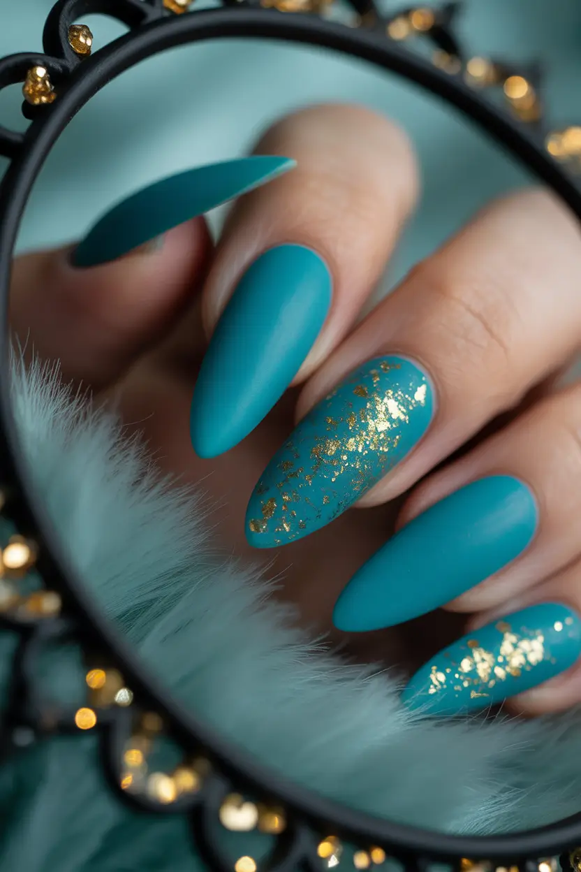 fall winter nails ideas 2025 2026 teal elegance with gold foil