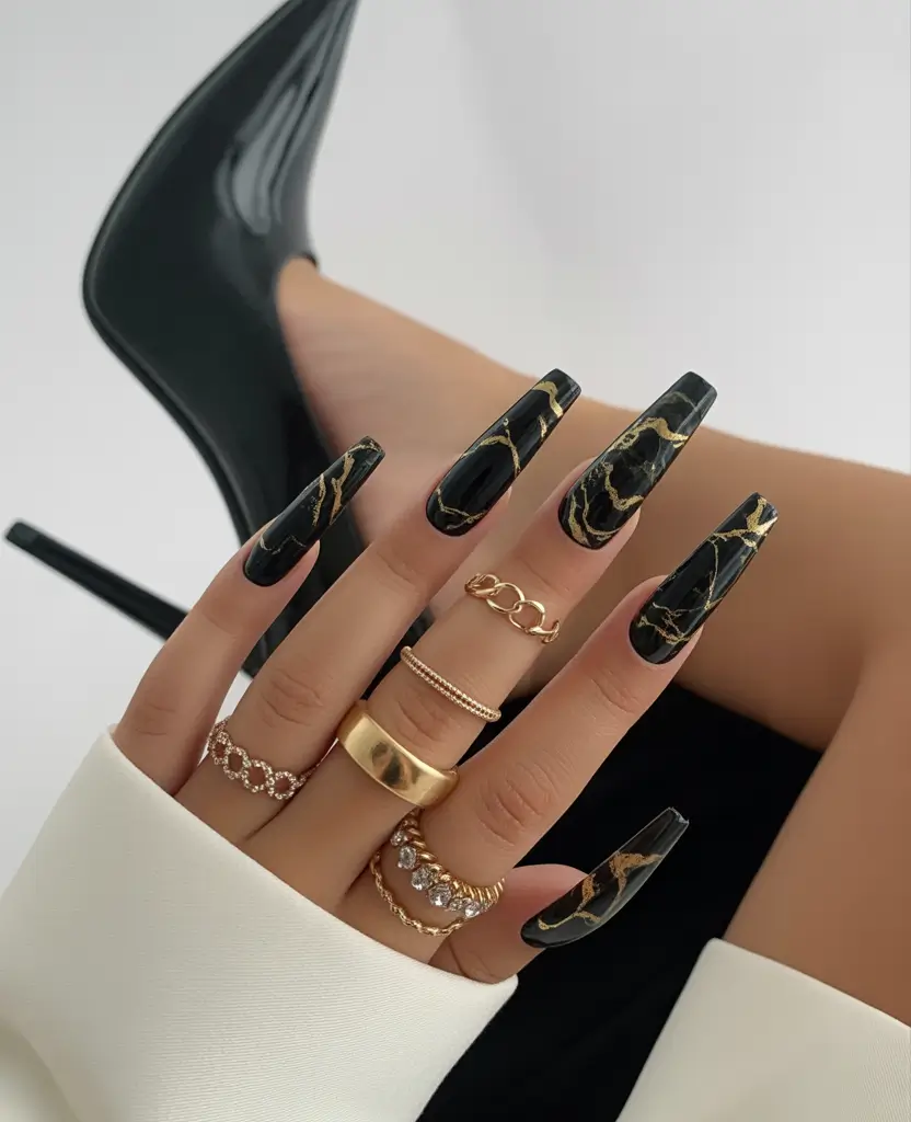 fall winter nails ideas 2025 2026 black marble glam