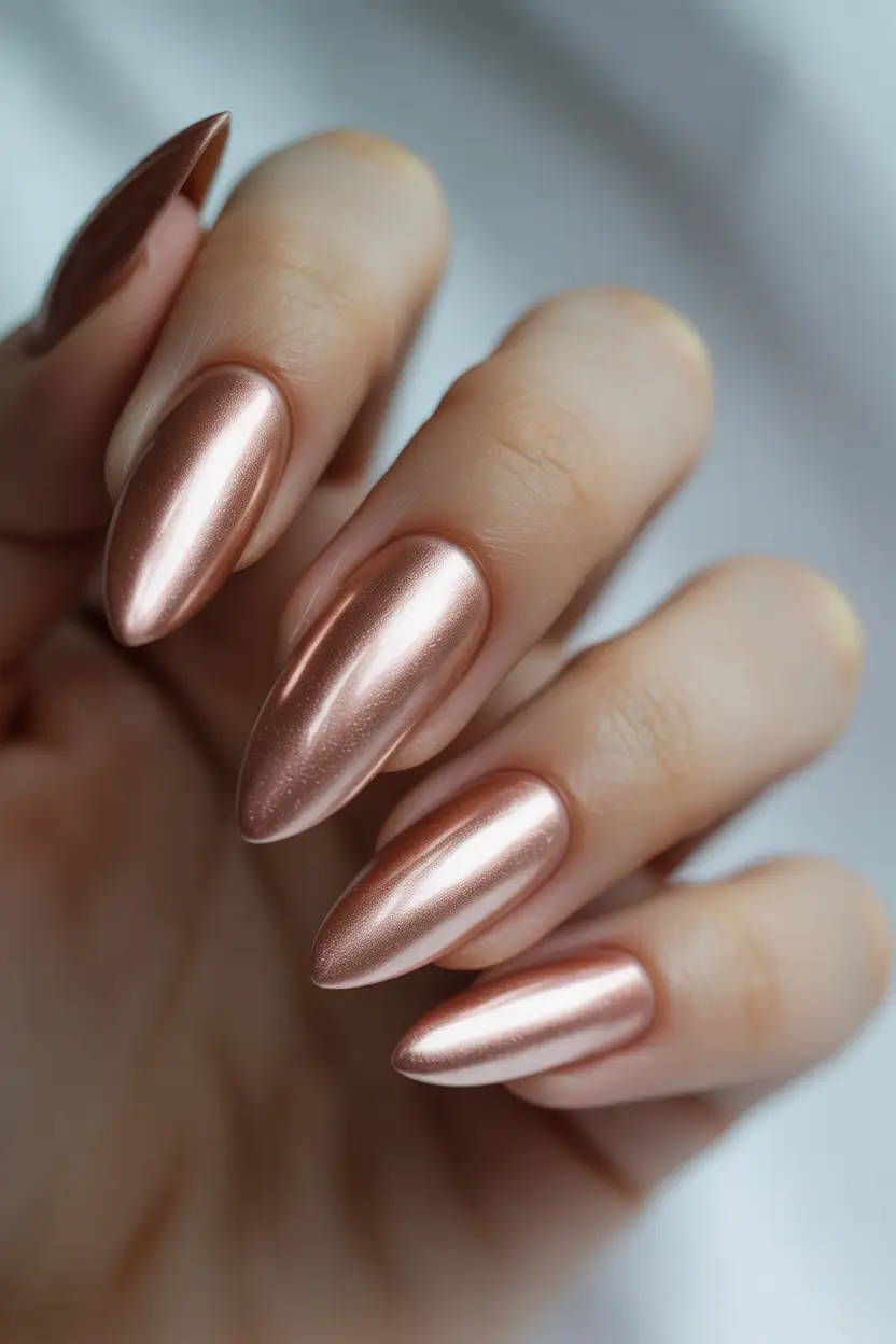 fall winter nails ideas 2025 2026 rose gold metallic almond