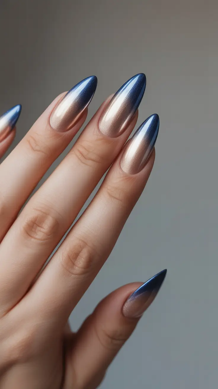 fall winter nails ideas 2025 2026 Blue Chrome Fade