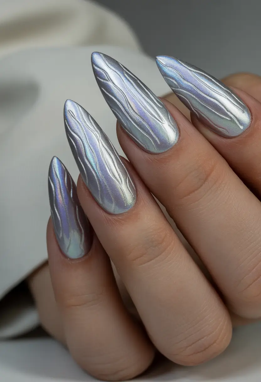 fall winter nails ideas 2025 2026 Silver Wave Texture
