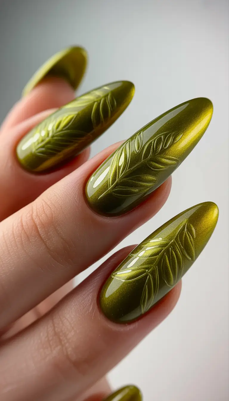 fall winter nails ideas 2025 2026 Olive Leaf Emboss