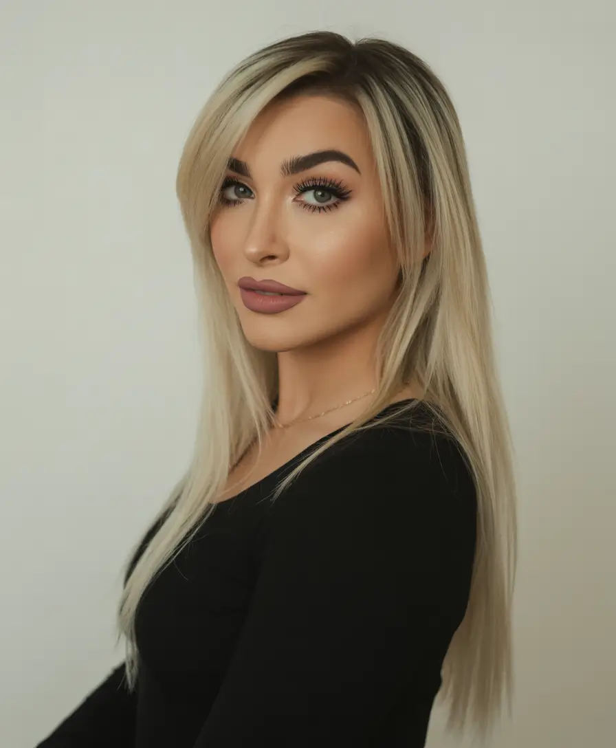 Medium length Sleek Blonde With Side Part