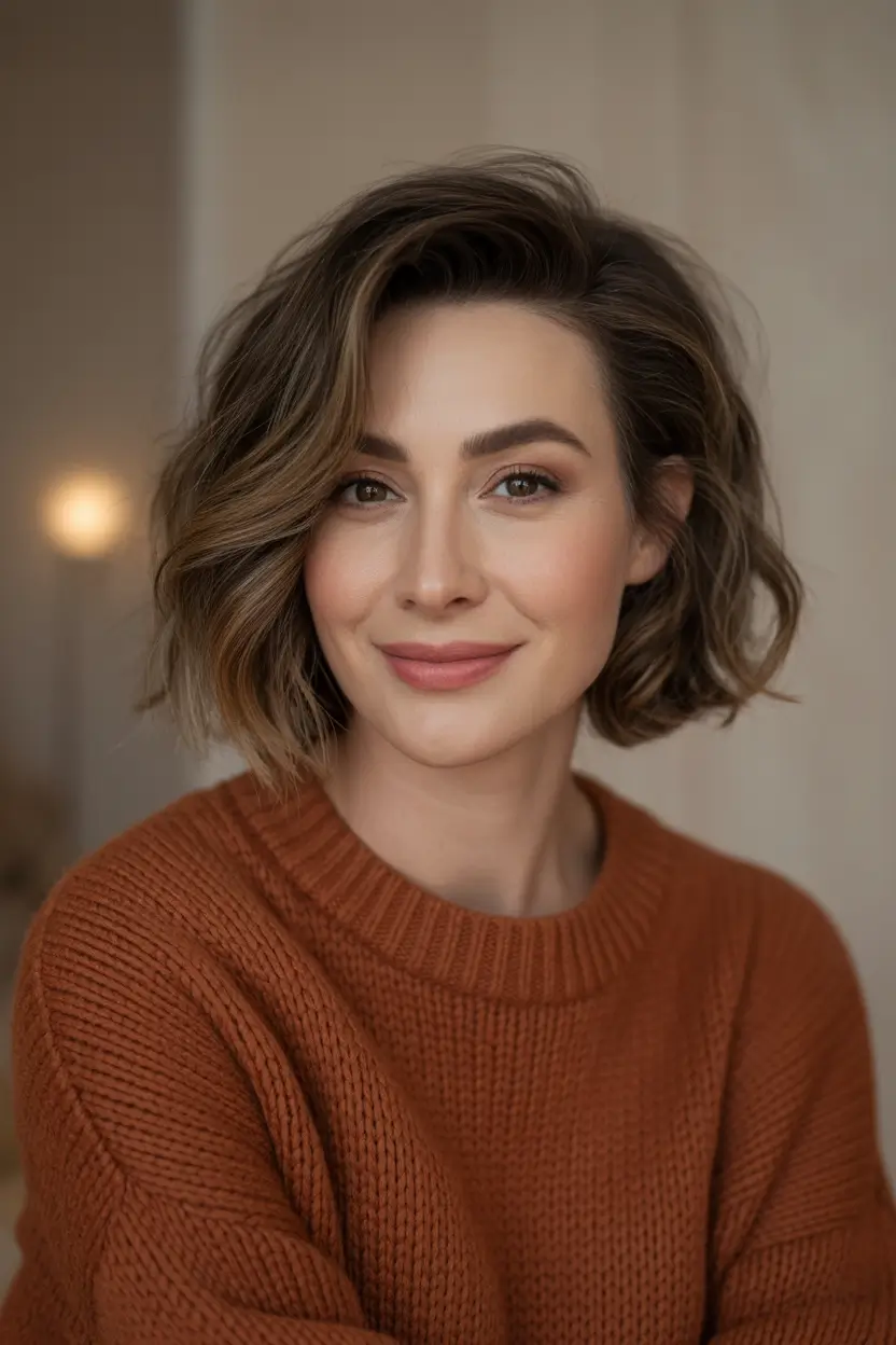 Modern Hair Color Ideas Winter 2025–2026 Warm Brunette Lob with Caramel Ribbons