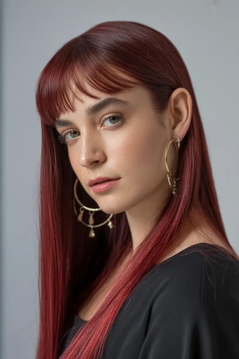 Modern Hair Color Ideas Winter 2025–2026 Dark Red with Micro Bangs