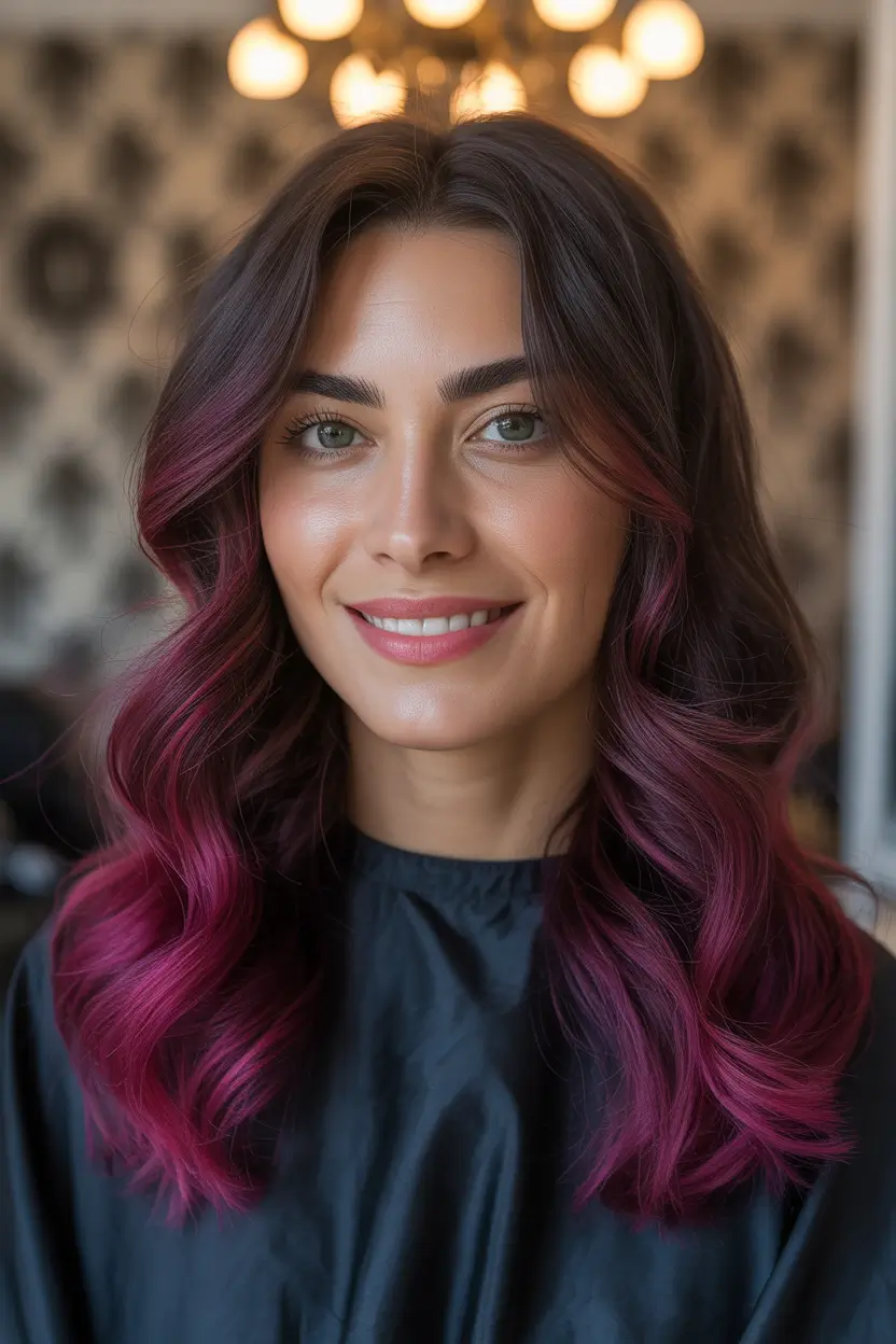 Modern Hair Color Ideas Winter 2025–2026 Deep Brunette with Bright Magenta Ends
