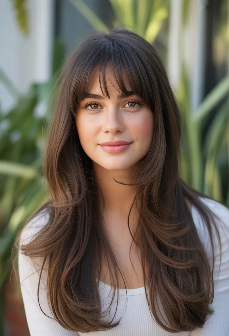 October 2025 Hair Color Trends Soft Brunette with Curtain Bangs