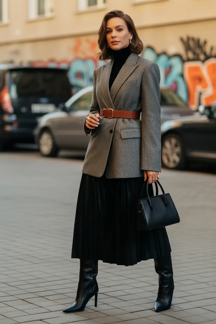 Office Women Work Outfit Ideas for Winter 2025–2026 Tailored Elegance with a Belted Blazer