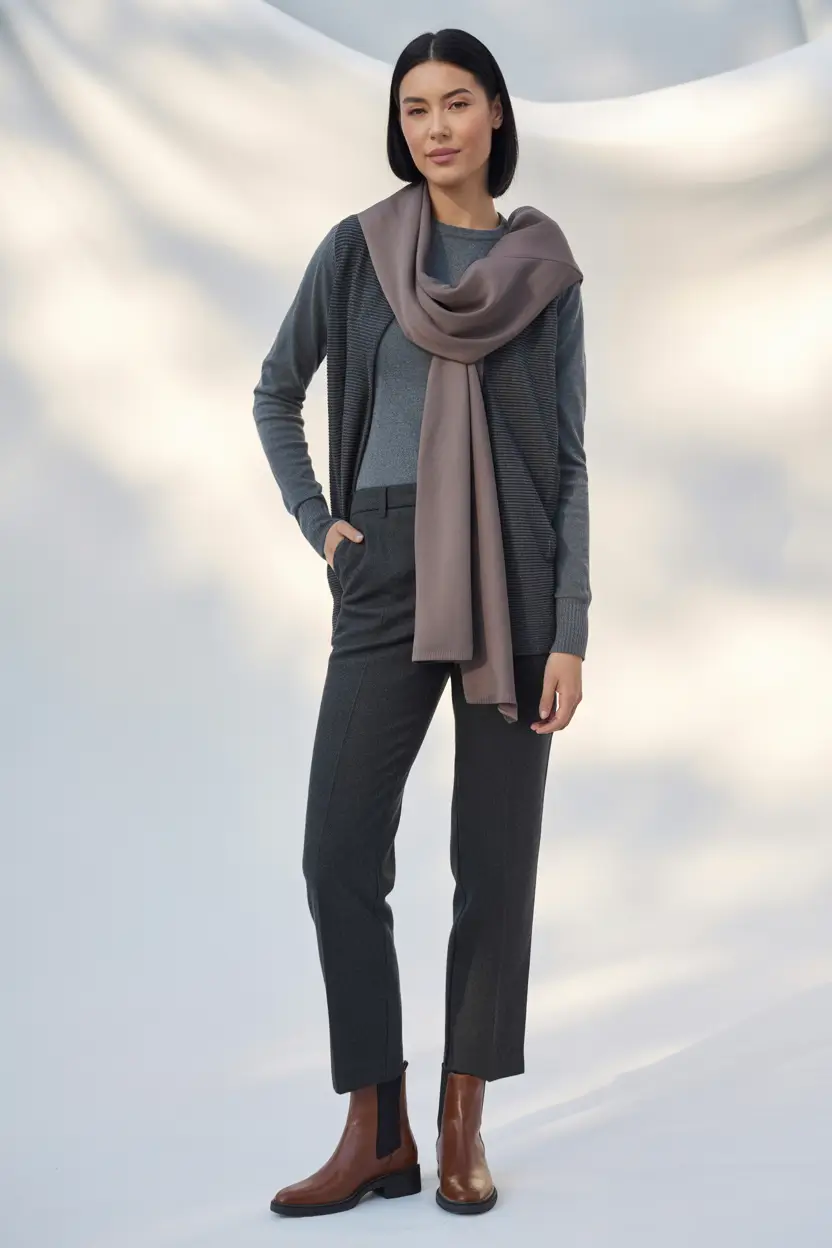 Office Women Work Outfit Ideas for Winter 2025–2026 Relaxed Grey Layers with a Scarf