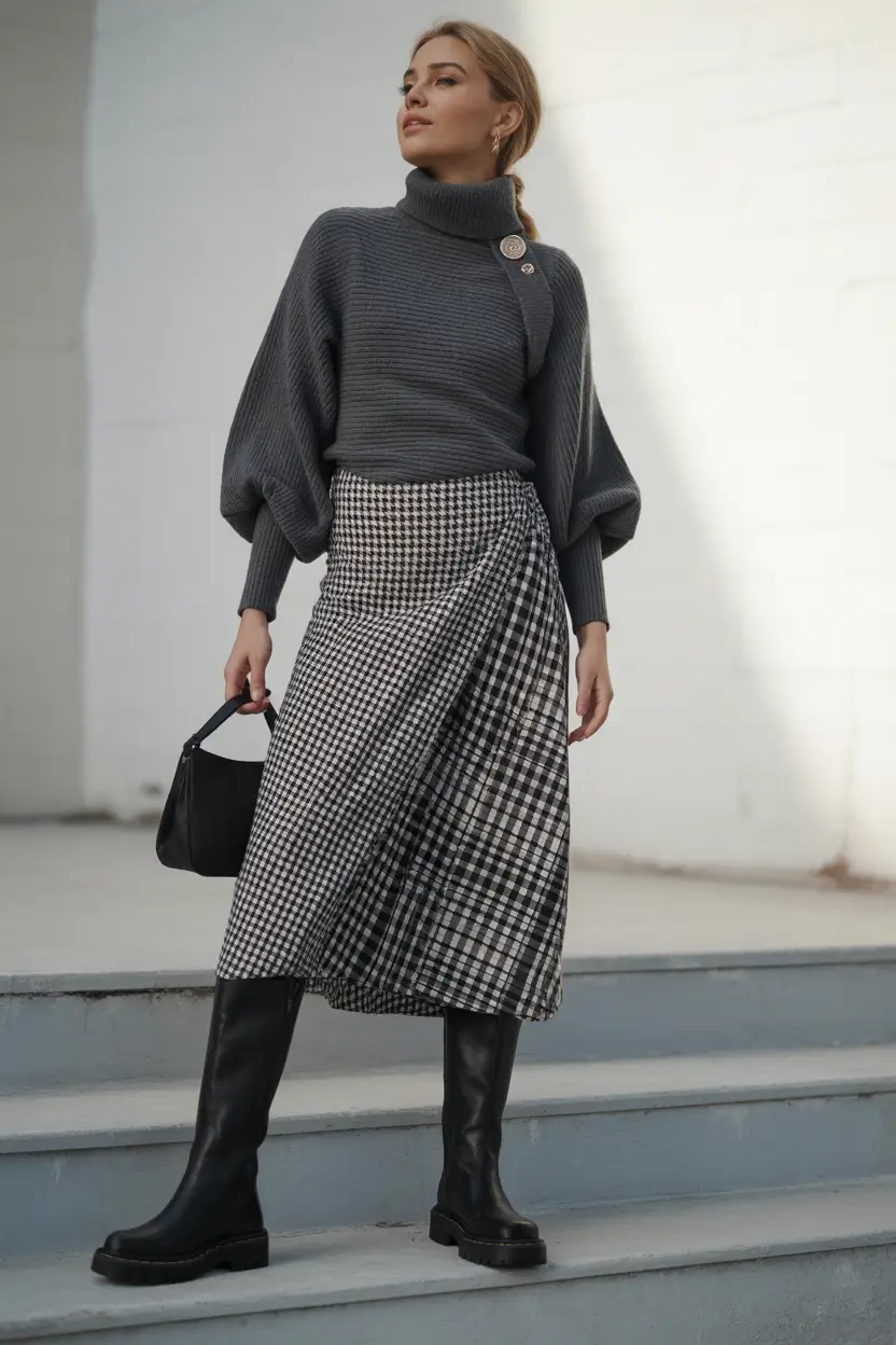 Office Women Work Outfit Ideas for Winter 2025–2026 Checked Skirt with Statement Knit