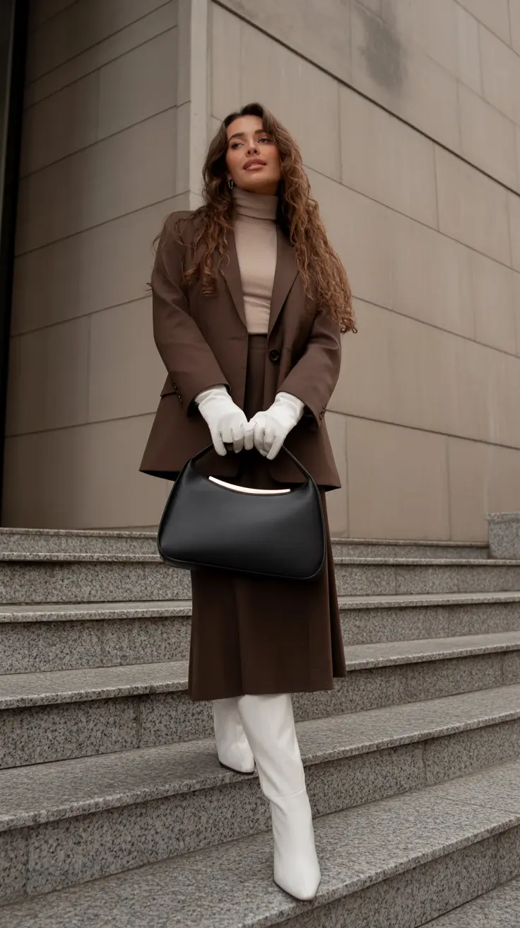 Office Women Work Outfit Ideas for Winter 2025–2026 Chocolate Suit with Winter White Boots