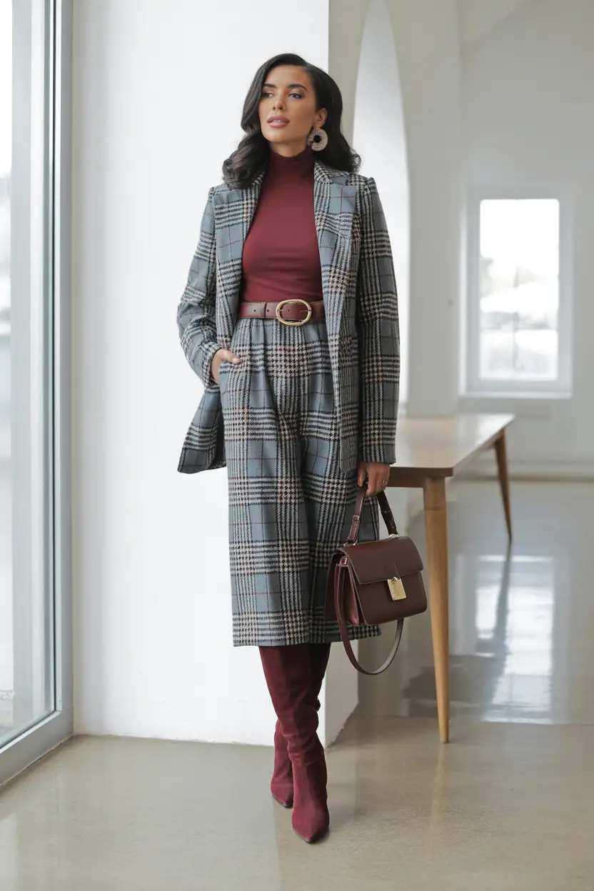 Office Women Work Outfit Ideas for Winter 2025–2026 Plaid Suit with Burgundy Touches