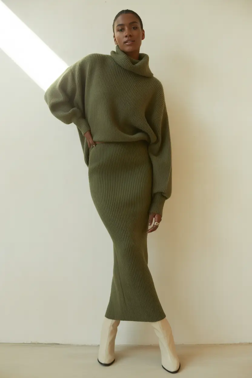 Office Women Work Outfit Ideas for Winter 2025–2026 Olive Knit Set with White Boots