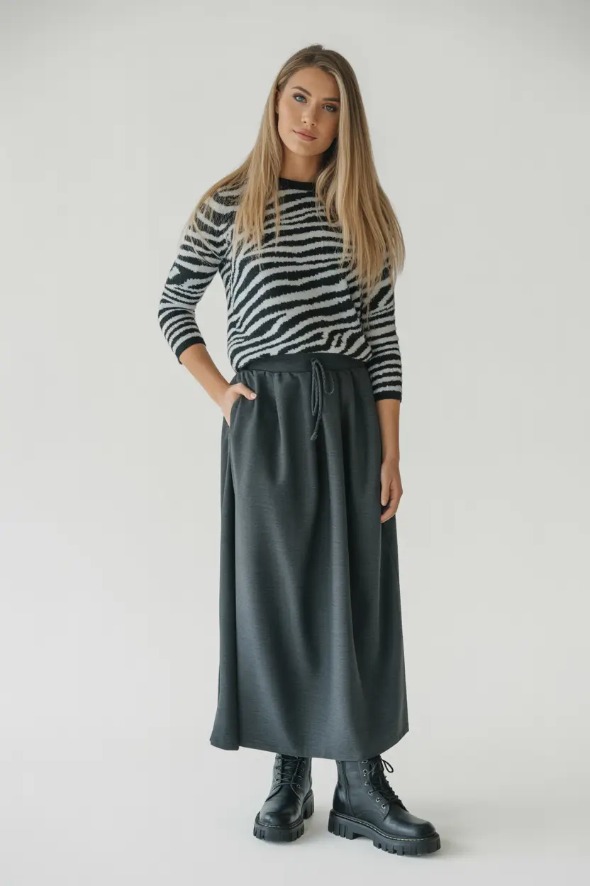 Office Women Work Outfit Ideas for Winter 2025–2026 Zebra Knit and Charcoal Maxi Skirt