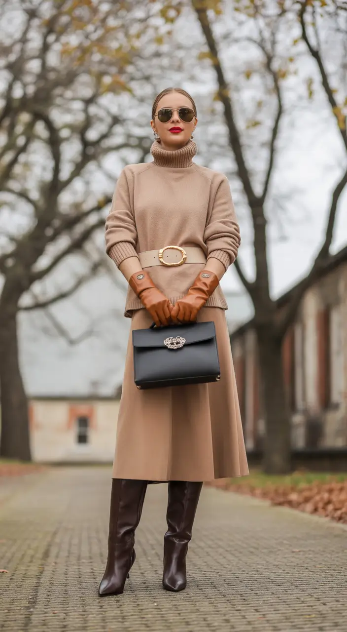 Office Women Work Outfit Ideas for Winter 2025–2026 Camel Turtleneck and Coordinated Skirt