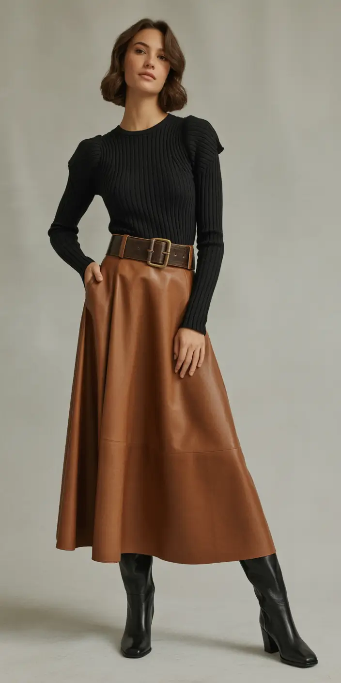 Office Women Work Outfit Ideas for Winter 2025–2026 Black Ribbed Knit and Brown Leather Skirt