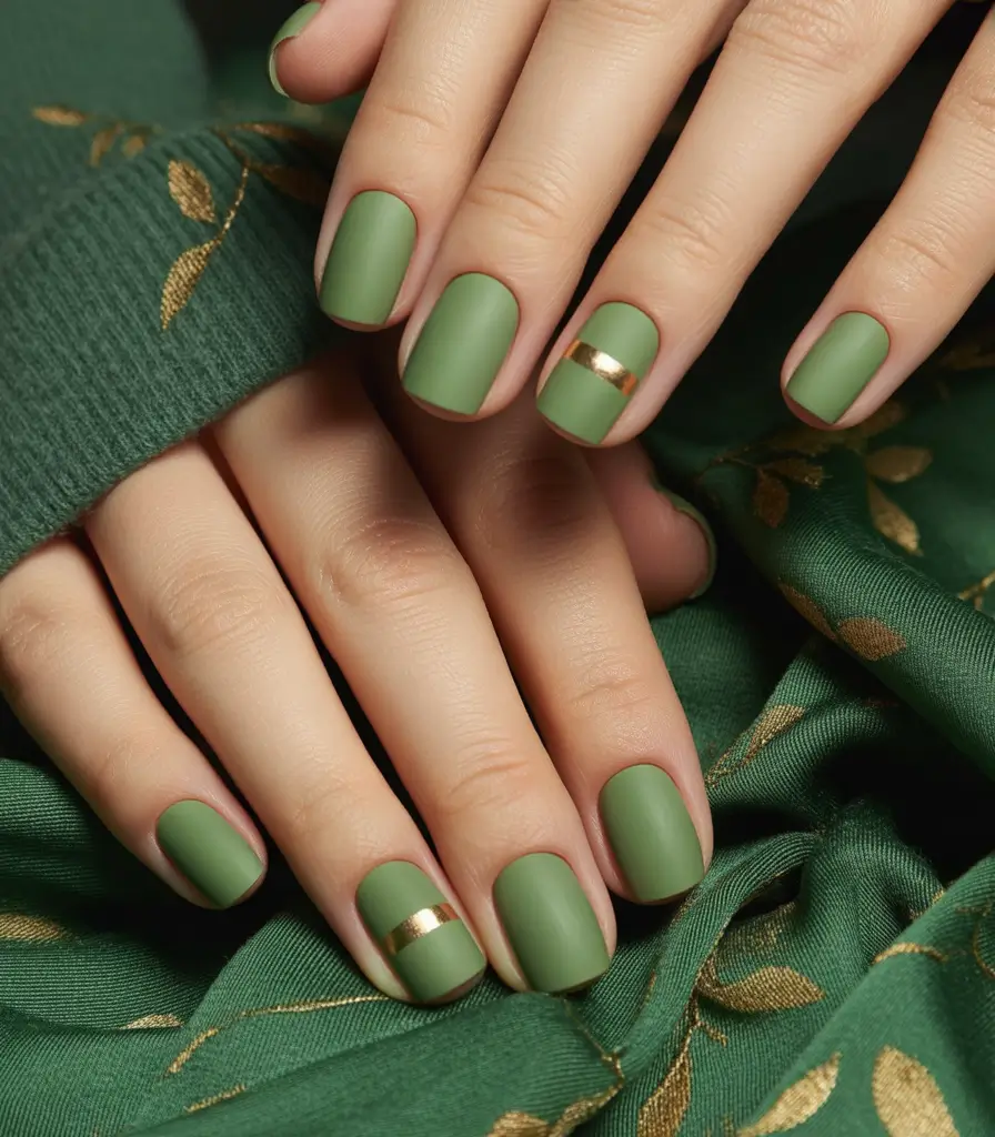 Olive Green Fall Nail Designs 2025 Matte Olive with Gold Accent