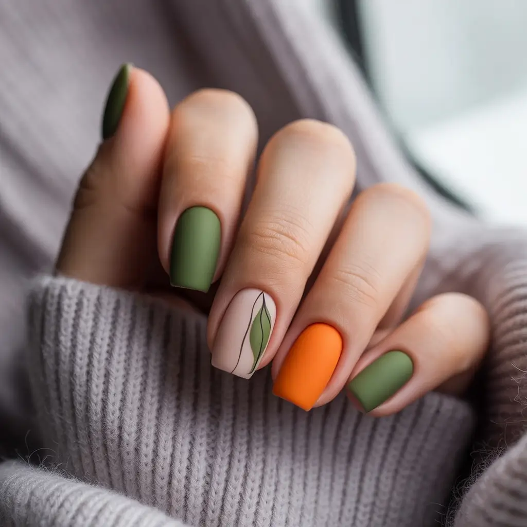 Olive Green Fall Nail Designs 2025 Olive and Pumpkin Fall Mix