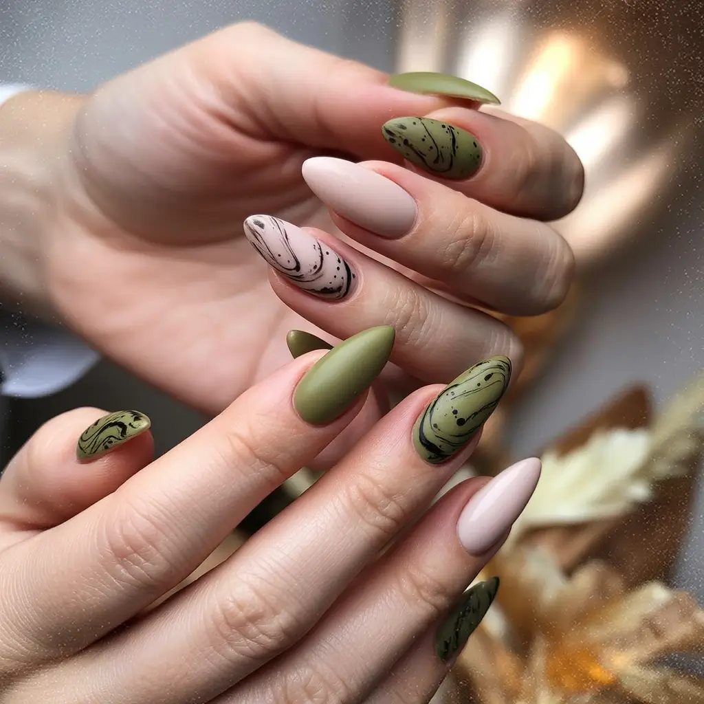 Olive Green Fall Nail Designs 2025 Marble Olive Almond Nails