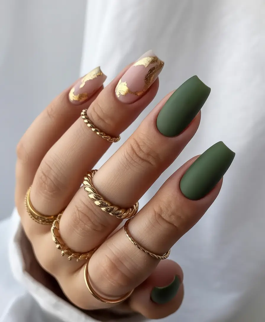Olive Green Fall Nail Designs 2025 Olive with Gold Foil Touch