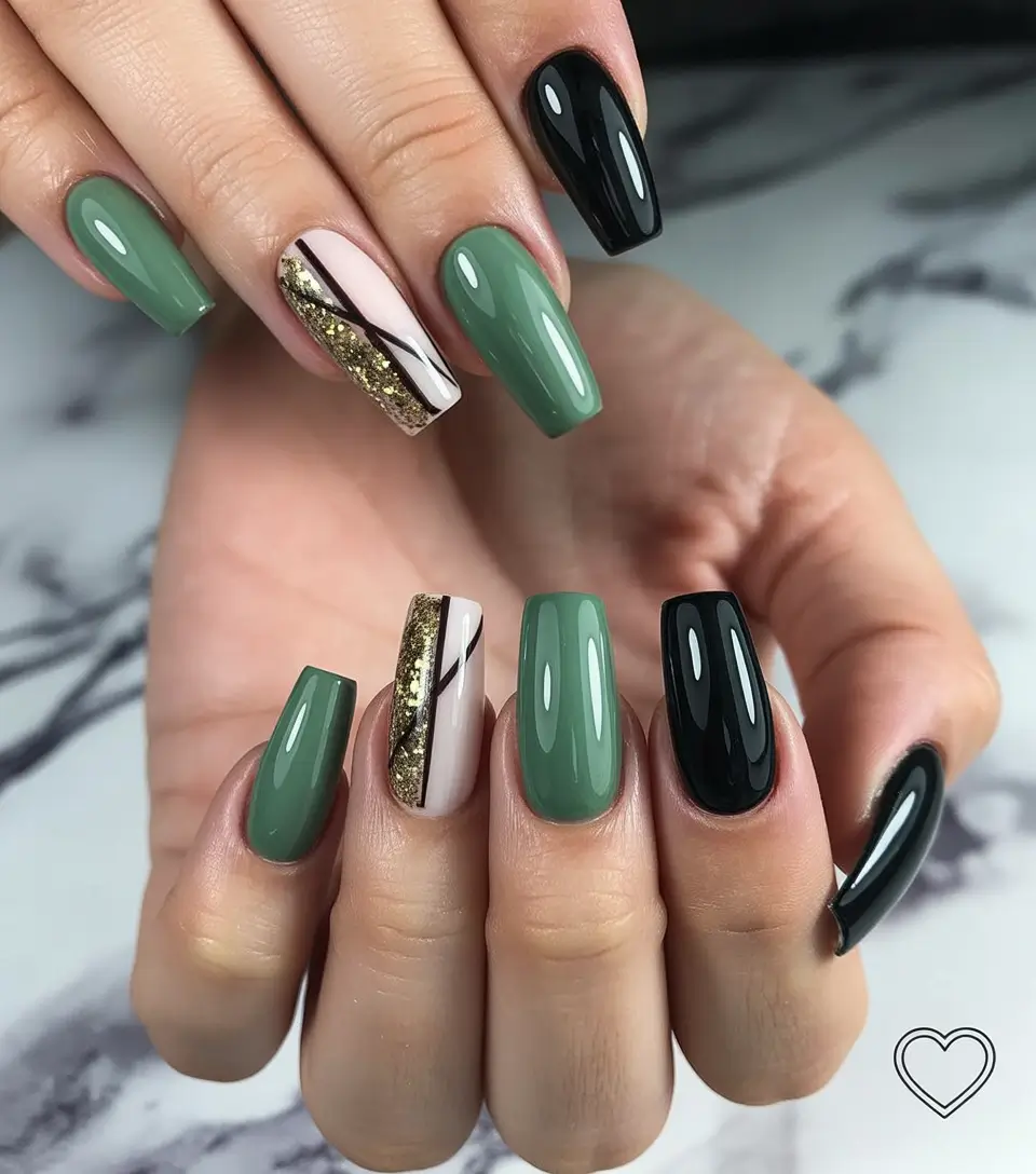 Olive Green Fall Nail Designs 2025 Olive and Black Glam Combo