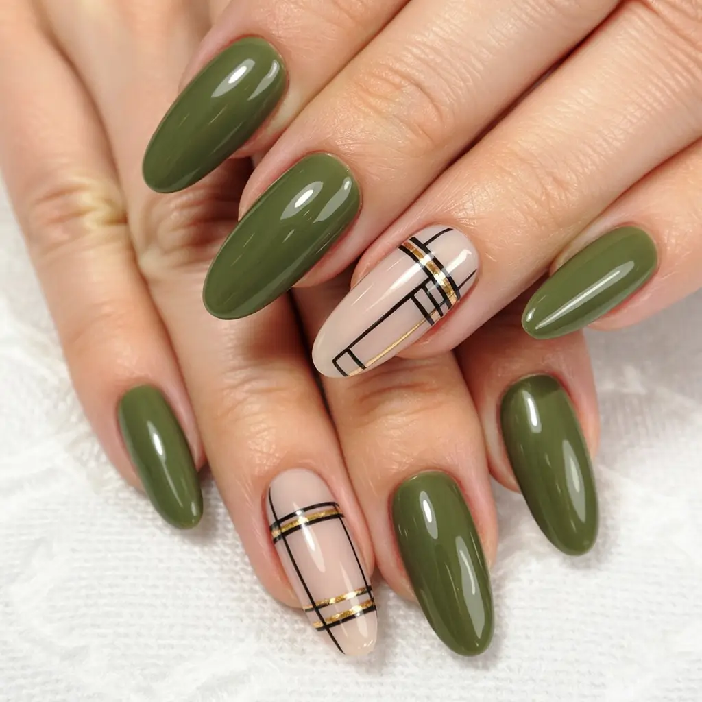 Olive Green Fall Nail Designs 2025 Olive Plaid Chic