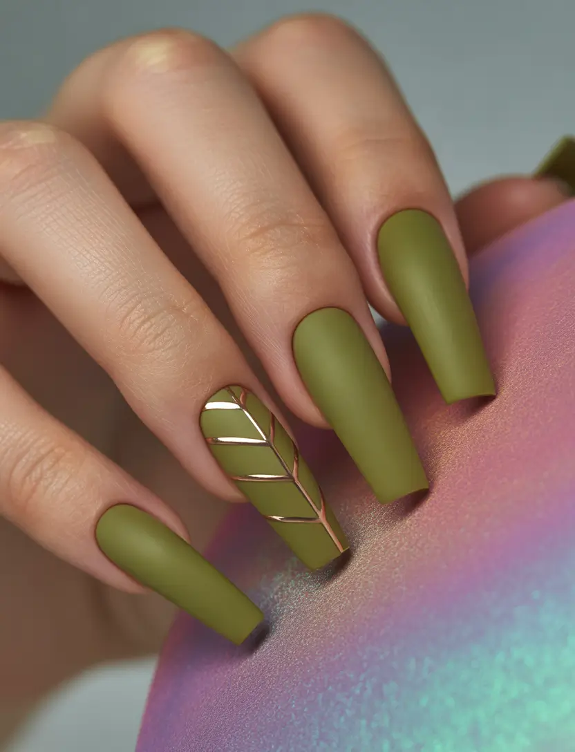 Olive Green Fall Nail Designs 2025 Olive Green with Leaf Accent