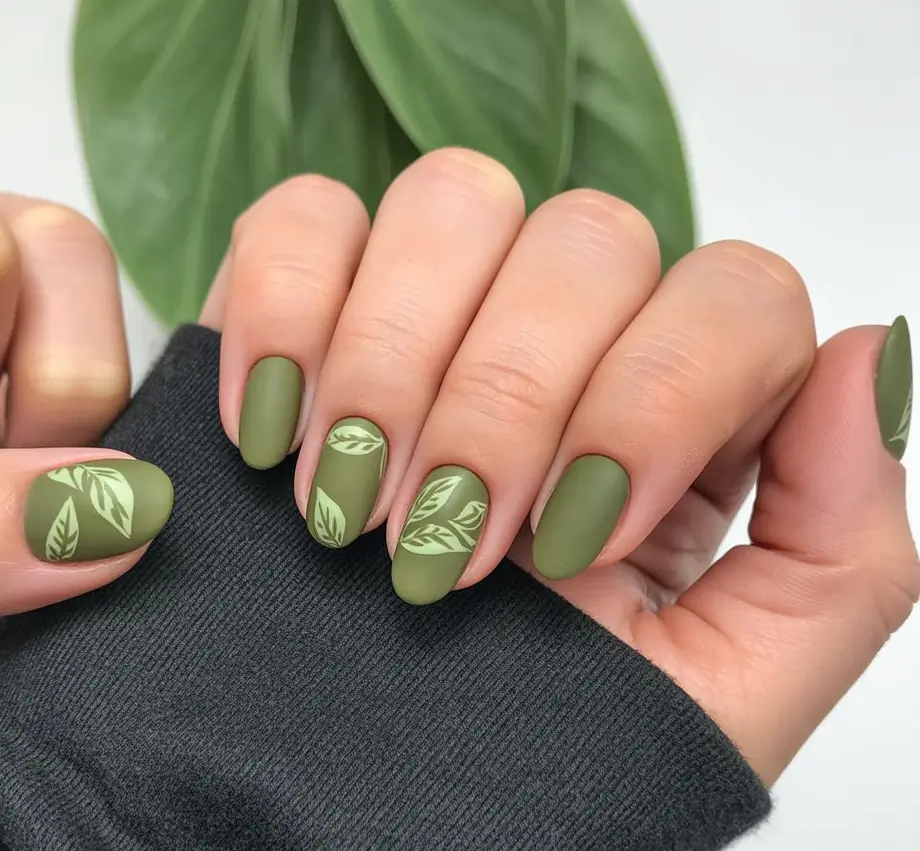 Olive Green Fall Nail Designs 2025 Matte Olive with Leaf Patterns