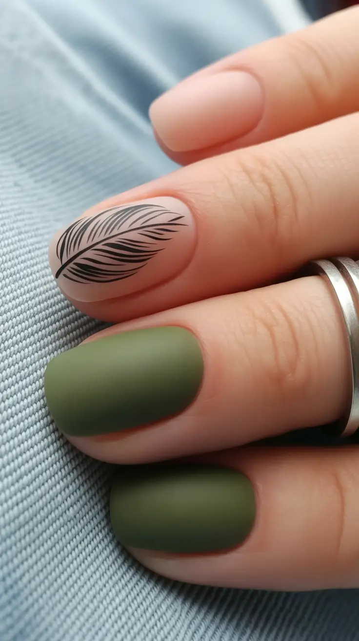 Olive Green Fall Nail Designs 2025 Minimal Olive with Feather Detail