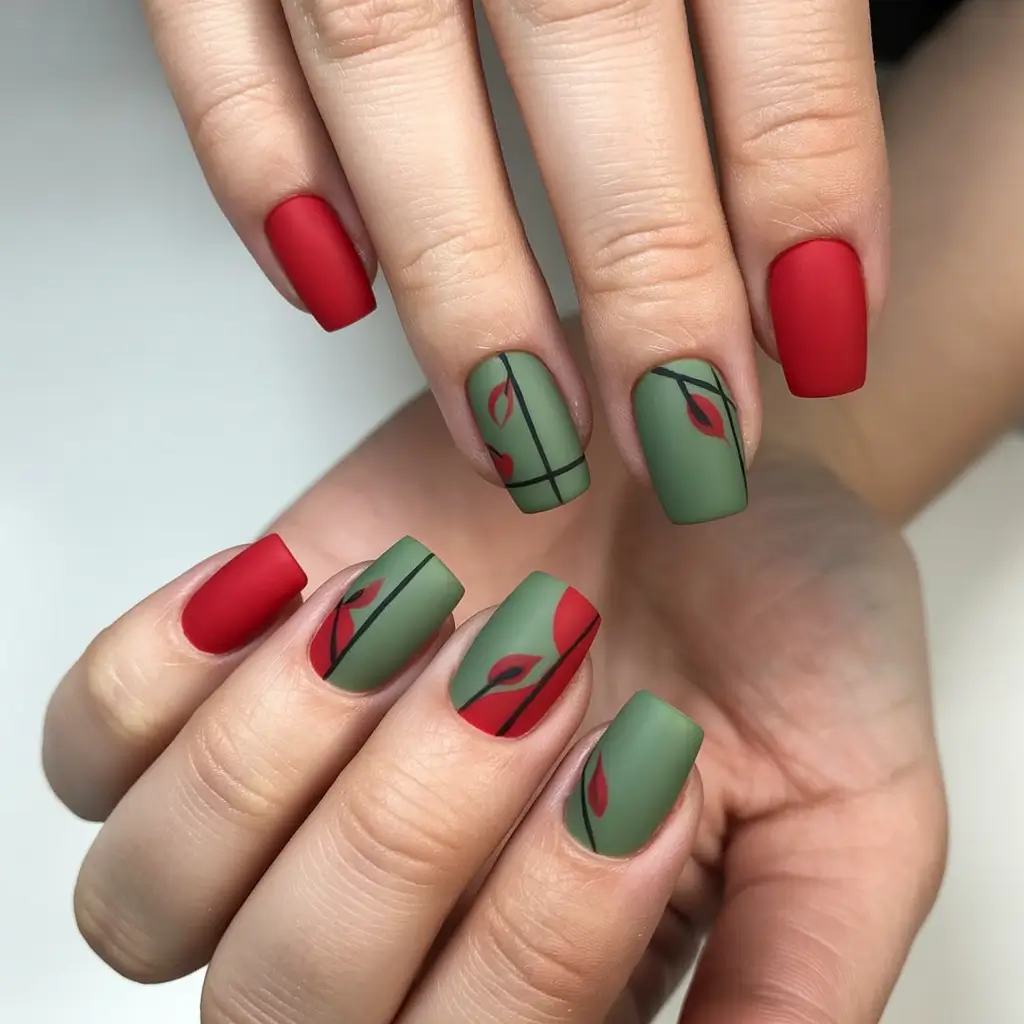 Olive Green Fall Nail Designs 2025 Red and Olive Matte Leaf Harmony
