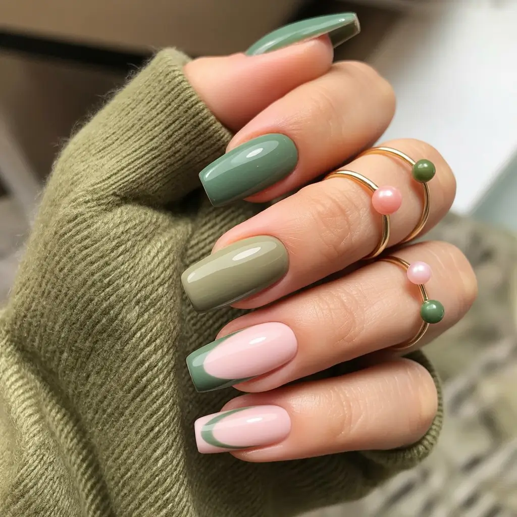 Olive Green Fall Nail Designs 2025 Glossy Olive and Pink Contrast