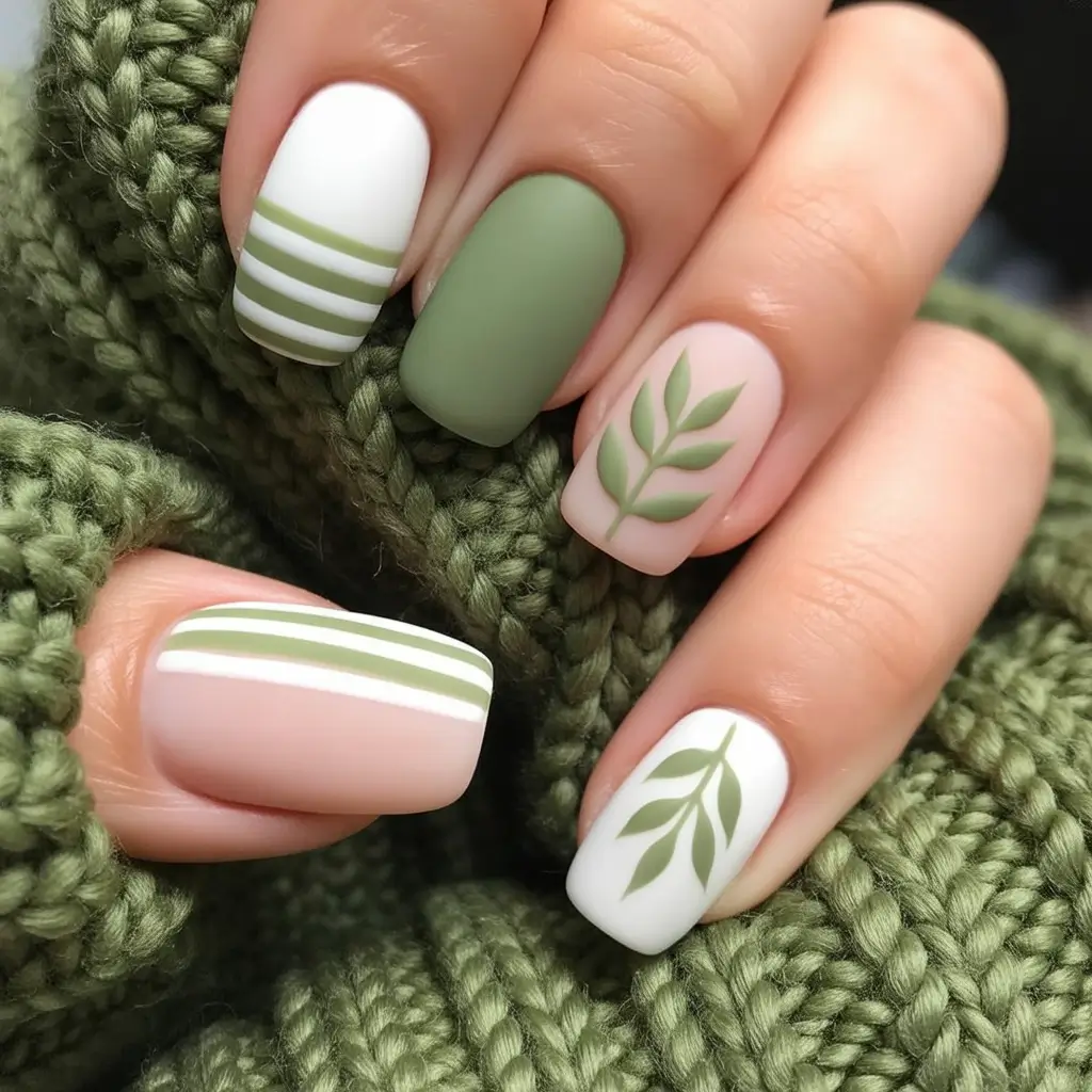 Olive Green Fall Nail Designs 2025 Soft Olive with White Botanical Stripes