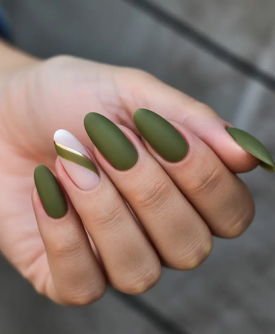 Olive Green Fall Nail Designs 2025 Minimalist Olive with Gold Accent
