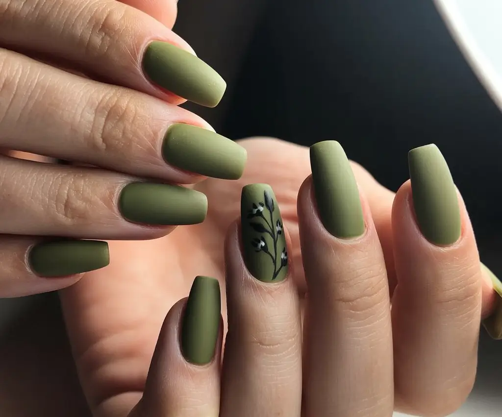 Olive Green Fall Nail Designs 2025 Matte Olive with Delicate Black Branches