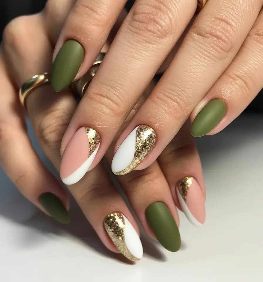 Olive Green Fall Nail Designs 2025 Olive Green with Gold Glitter Waves