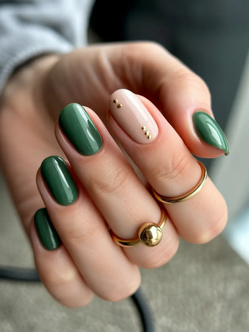 Olive Green Fall Nail Designs 2025 Glossy Olive with Nude Accent and Studs