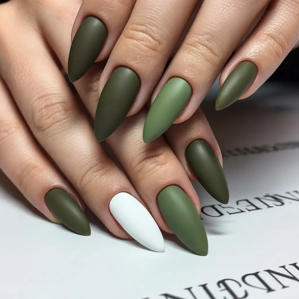 Olive Green Fall Nail Designs 2025 Matte Almond Olive
