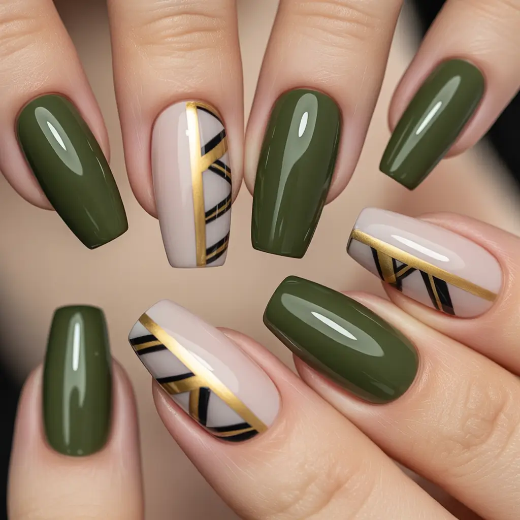 Olive Green Fall Nail Designs 2025 Olive with Geometric Gold