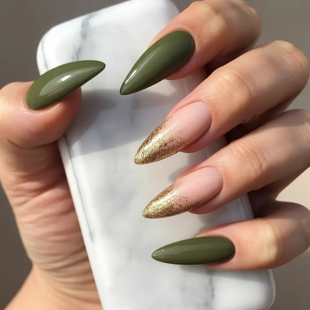 Olive Green Fall Nail Designs 2025 Olive and Gold Glitter Tips