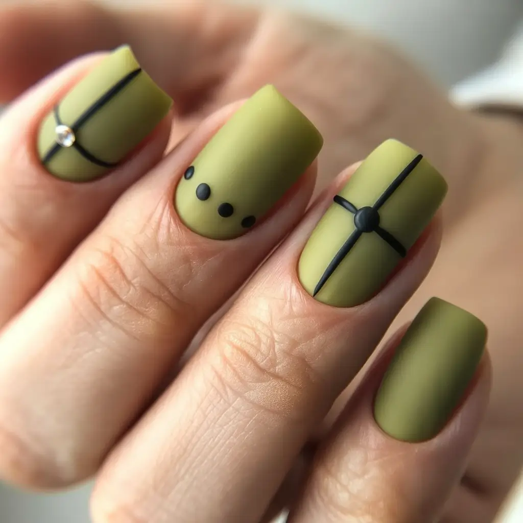 Olive Green Fall Nail Designs 2025 Matte Olive with Black Minimalism