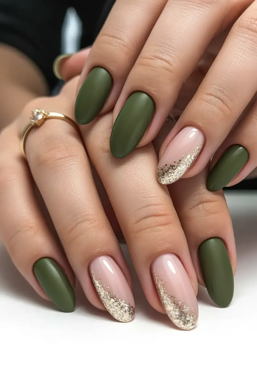 Olive Green Fall Nail Designs 2025 Olive and Nude with Glitter Sweep