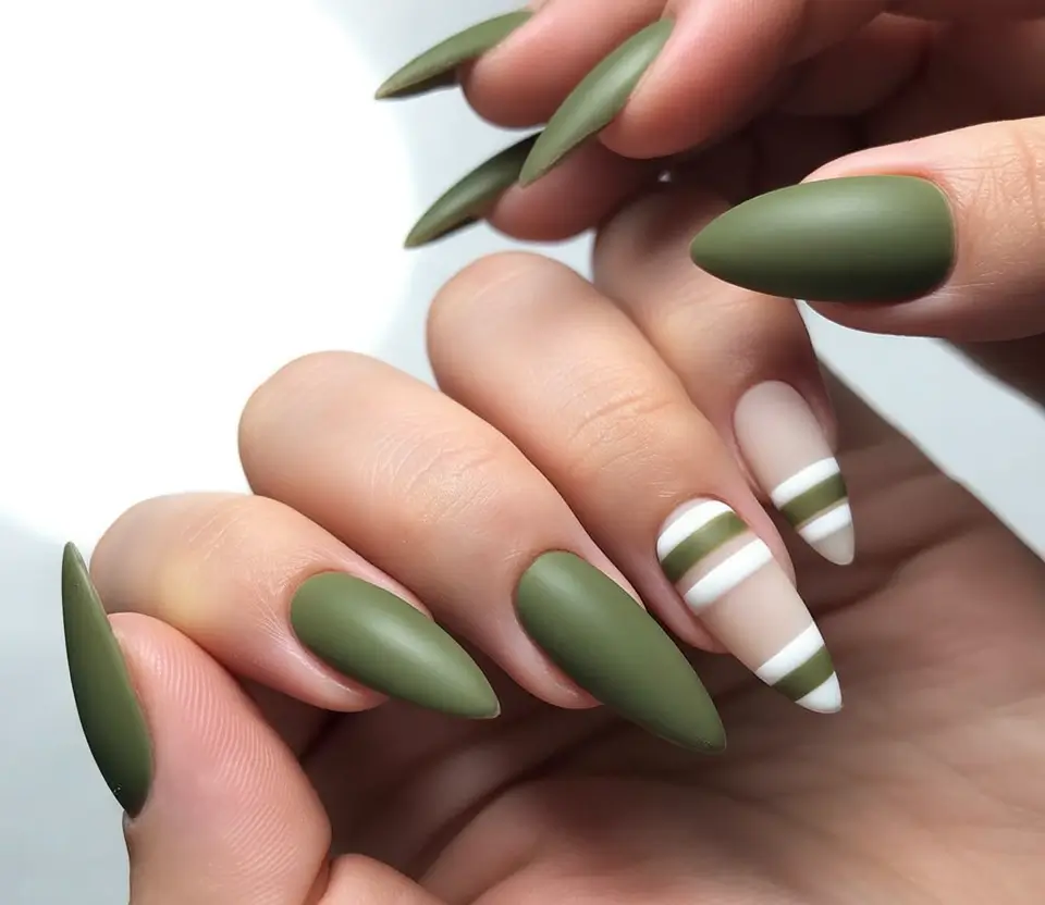 Olive Green Fall Nail Designs 2025 Striped Olive and White