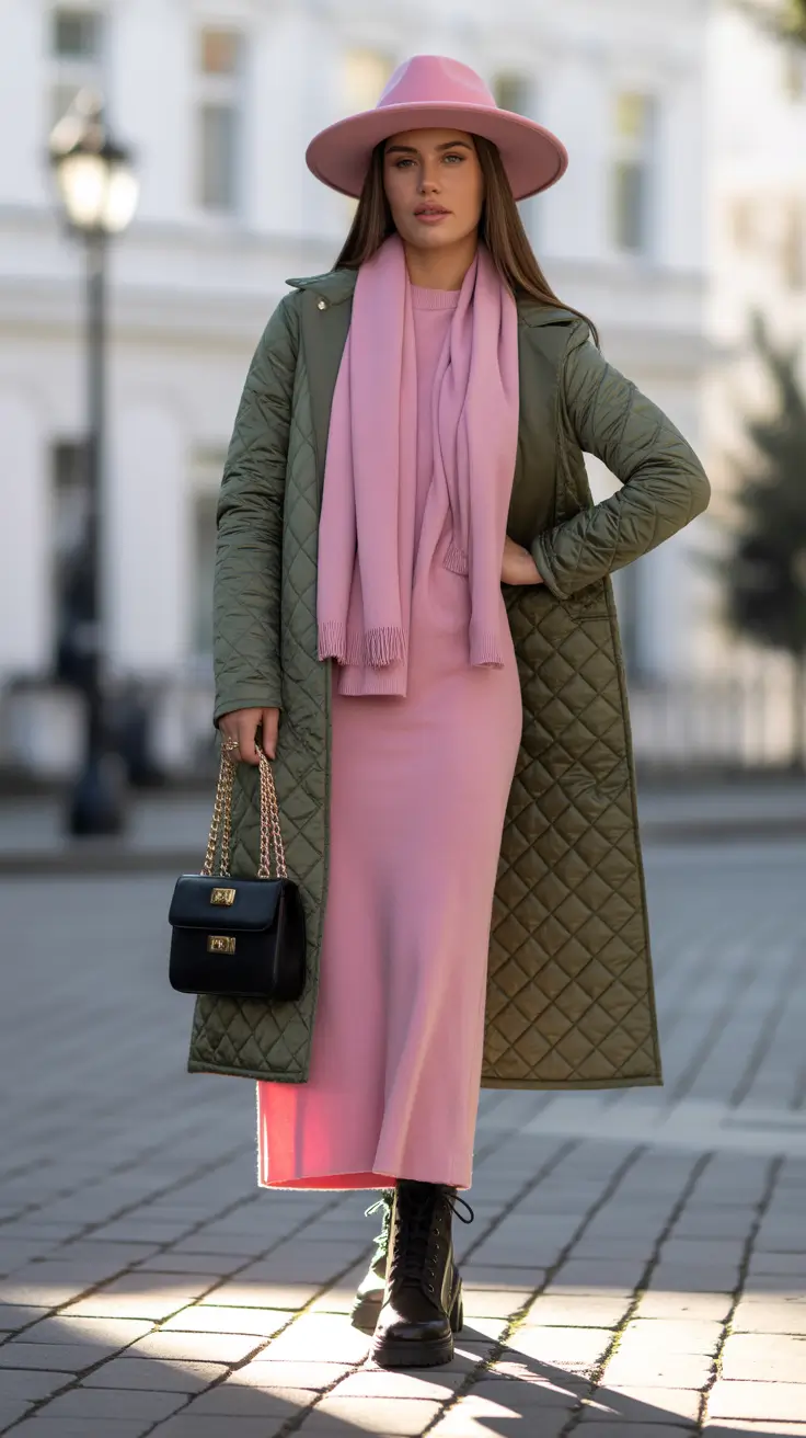 Outfits Aesthetic Winter 2025 2026 Olive and Pink Harmony