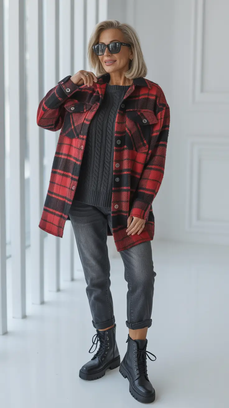 Outfits for Women Over 50 Winter 2025 2026 Red Plaid with Urban Edge