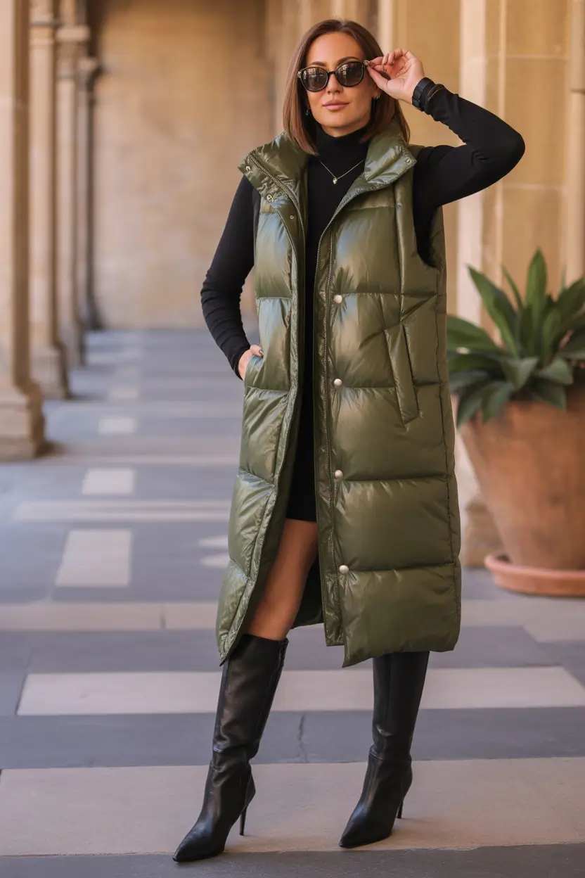 Outfits for Women Over 50 Winter 2025 2026 Olive Vest with Black Elegance