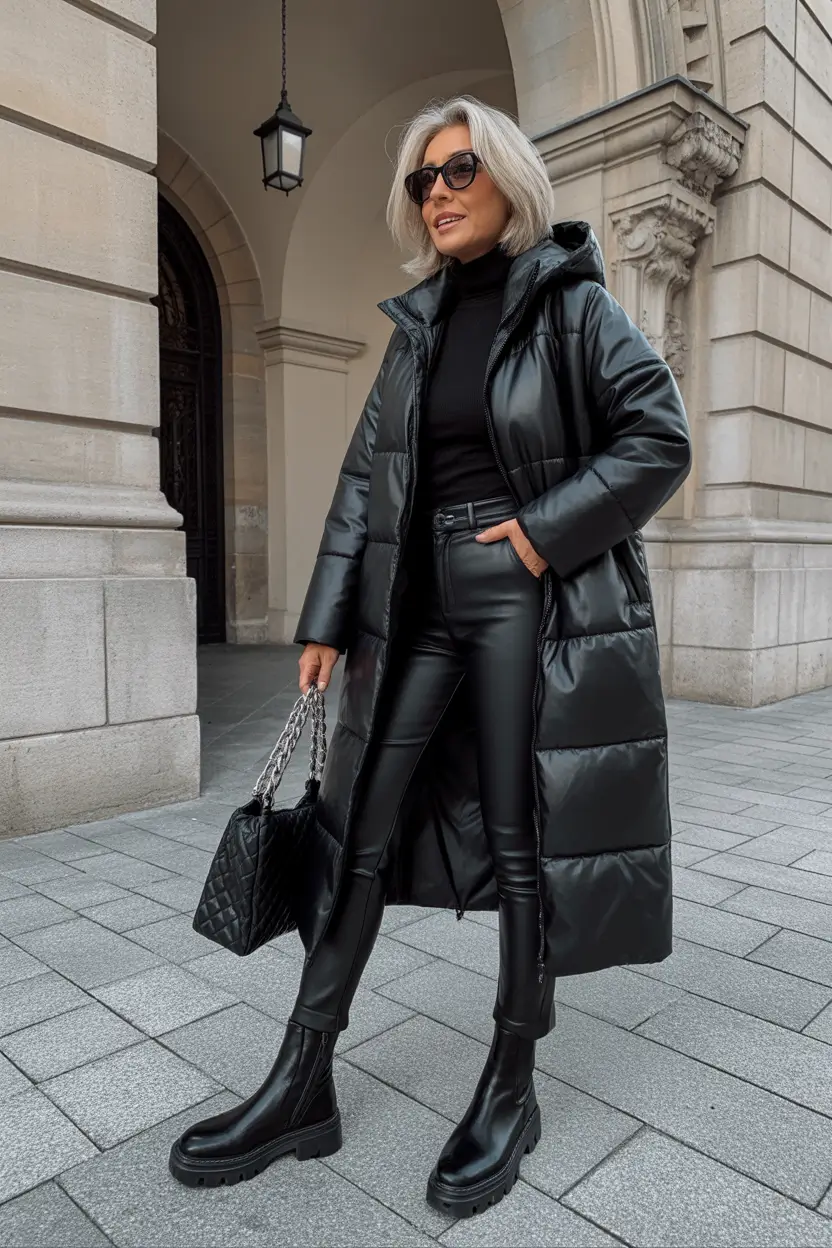Outfits for Women Over 50 Winter 2025 2026 All-Black Sleek Puffer